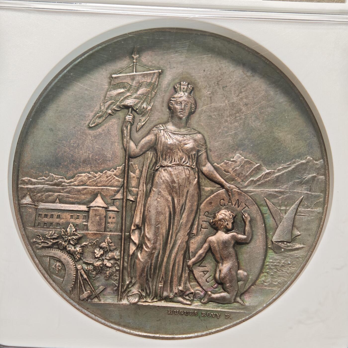 【德藏】世界币章拍卖第155期（拍品征集中~欢迎藏友联系） 1891年 瑞士沃州射击节高浮雕纪念铜章 NGC UNC 浮雕感极强