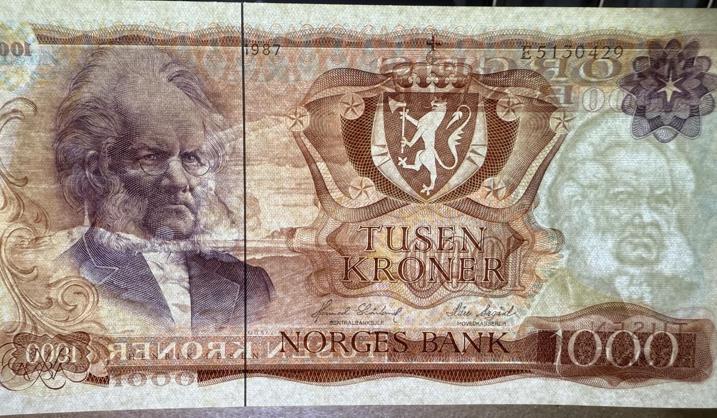 《艾美收藏》第222期-11.30周日外币畅拍 挪威1000克朗 UNC- 1987年 挪威剧作家易卜生 票面有些轻微泛黄