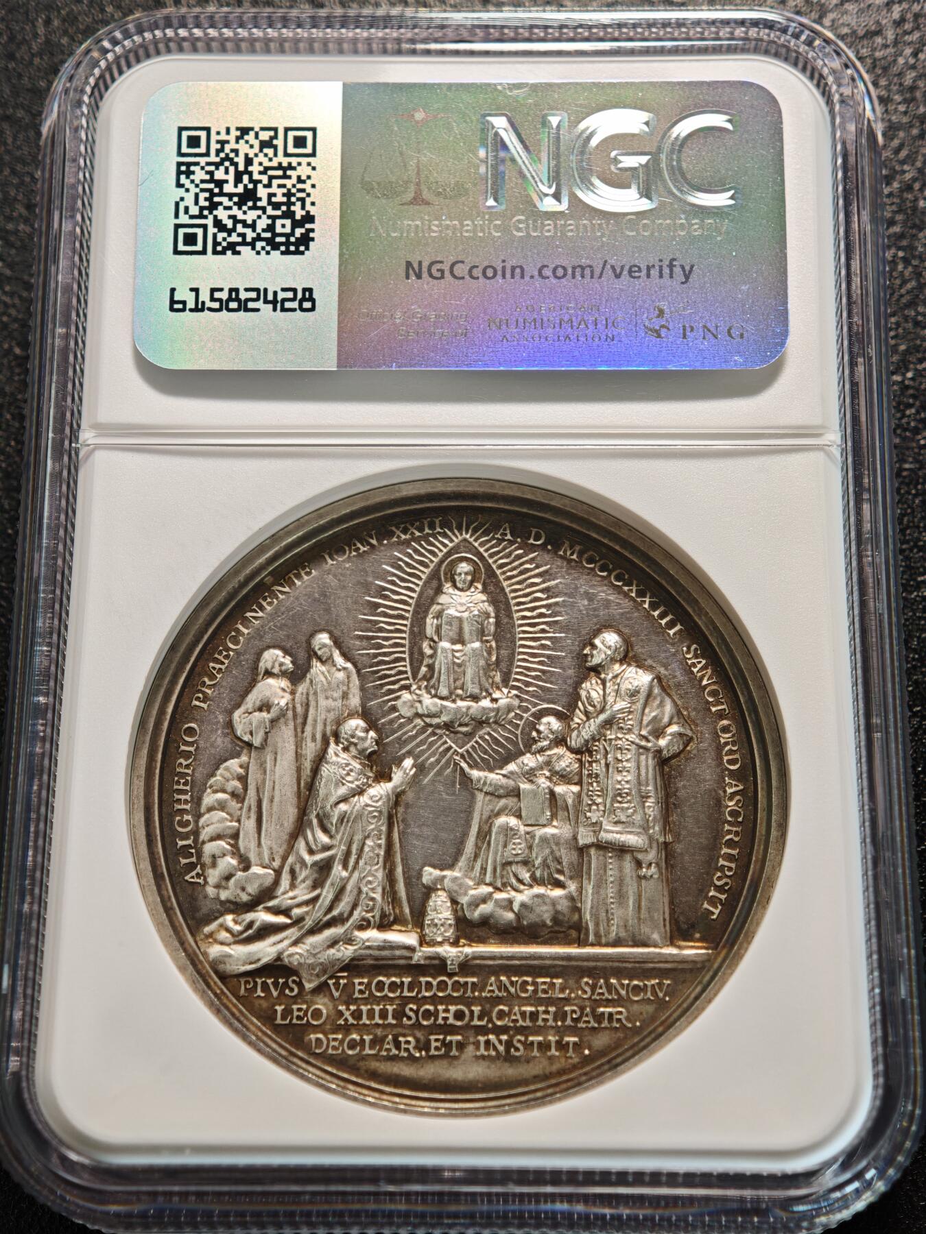 【德藏】世界币章拍卖第155期（拍品征集中~欢迎藏友联系） 1923年 梵蒂冈庇护十一世圣托马斯·阿奎那封圣高浮雕纪念银章 NGC UNC 人物刻画极其细致 立体感十足