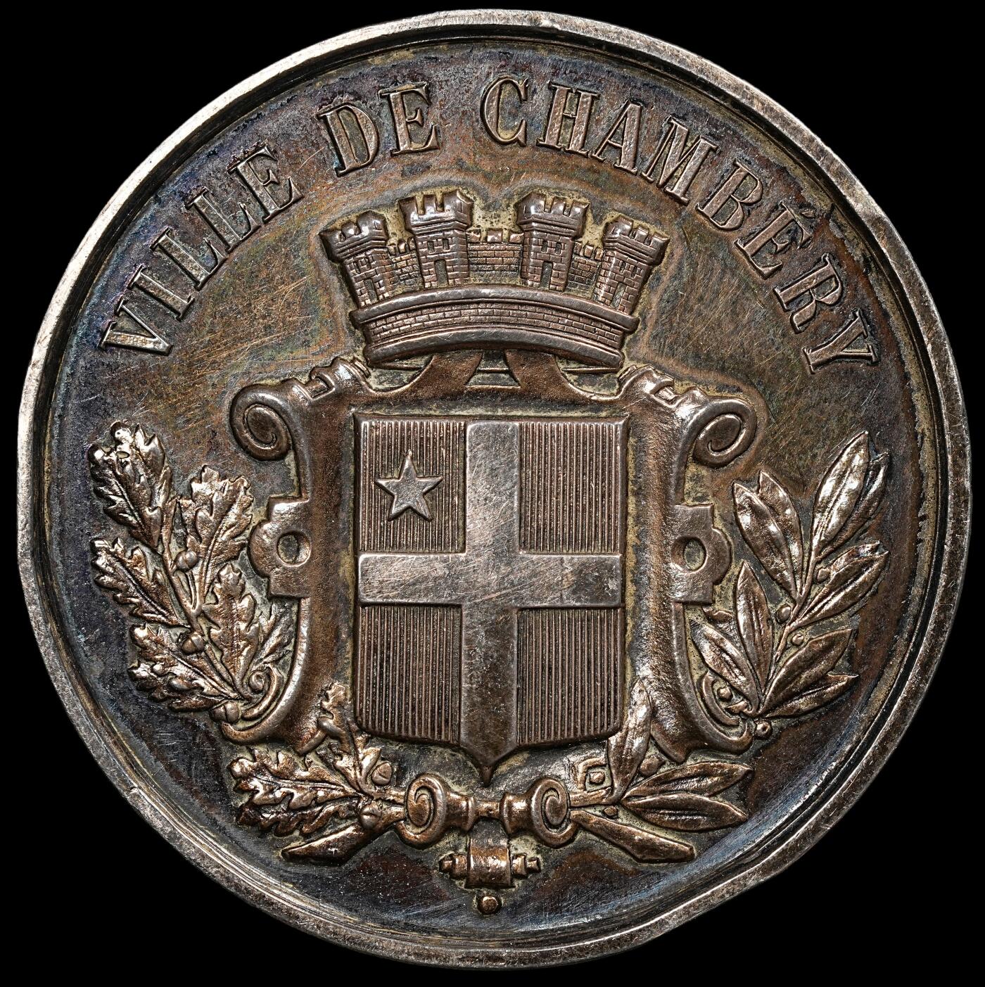 修遠堂世界钱币第九十五期 1896年法国钱伯里音乐学院银章36.5 mm, 21.14 g 边缘有磕碰 950银标