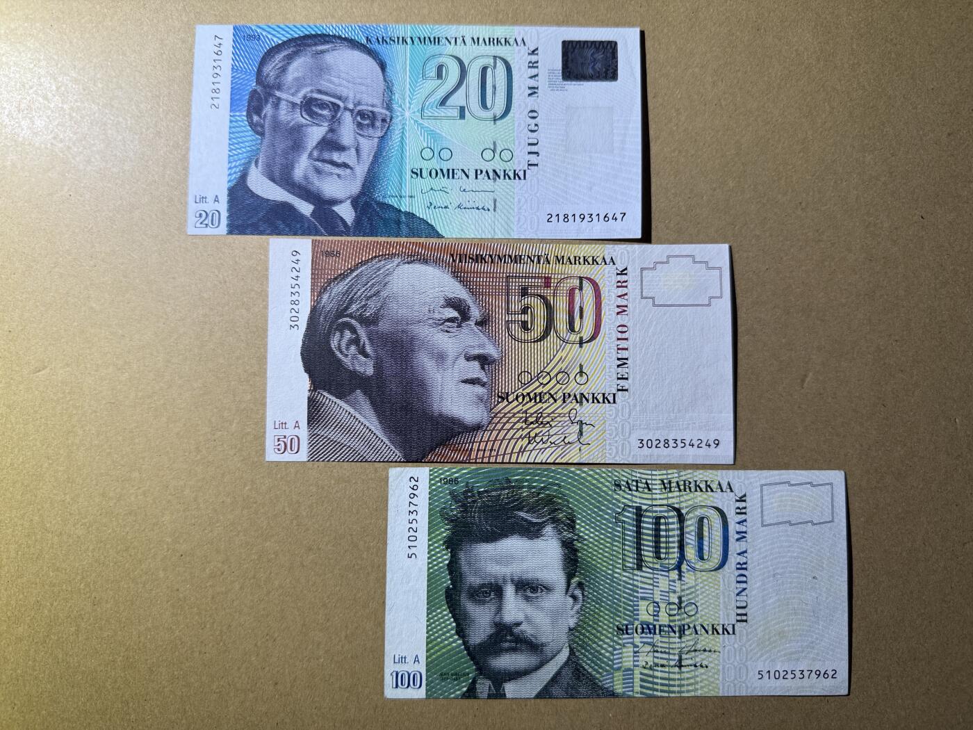 《艾美收藏》第222期-11.30周日外币畅拍 芬兰20、50、100马克3张 AU 末版