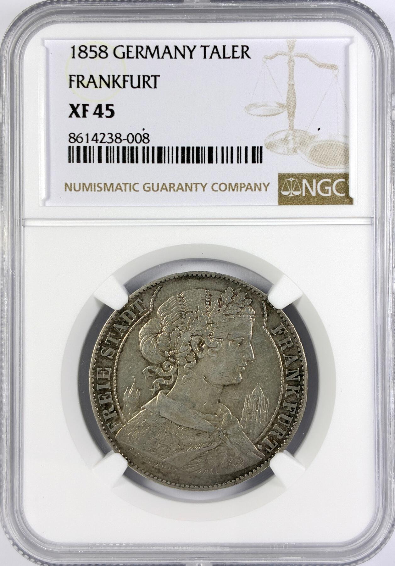 【雨安】【直播拍卖】【世界币章117期-评级币】2025-11-29 周六 19:30 保真 [评级德国] Germany 德国 德意志 1泰勒 Frankfurt法兰克福 Thun.141 KM#0354 (1857-1858) 法兰克福少女.教堂 1858年  NGC-XF45