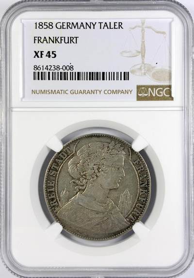 【雨安】【直播拍卖】【世界币章117期-评级币】2025-11-29 周六 19:30 保真 - [评级德国] Germany 德国 德意志 1泰勒 Frankfurt法兰克福 Thun.141 KM#0354 (1857-1858) 法兰克福少女.教堂 1858年  NGC-XF45