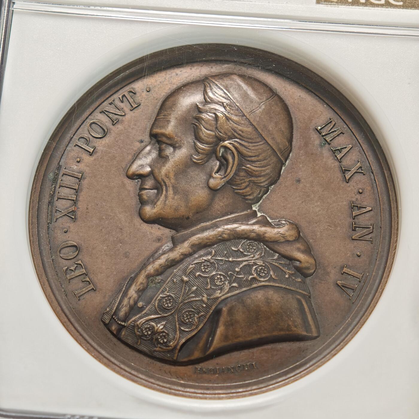 【德藏】世界币章拍卖第155期（拍品征集中~欢迎藏友联系） 1881年 梵蒂冈教皇利奥十三世高浮雕纪念铜章 NGC AU58BN 包浆温润 立体感十足