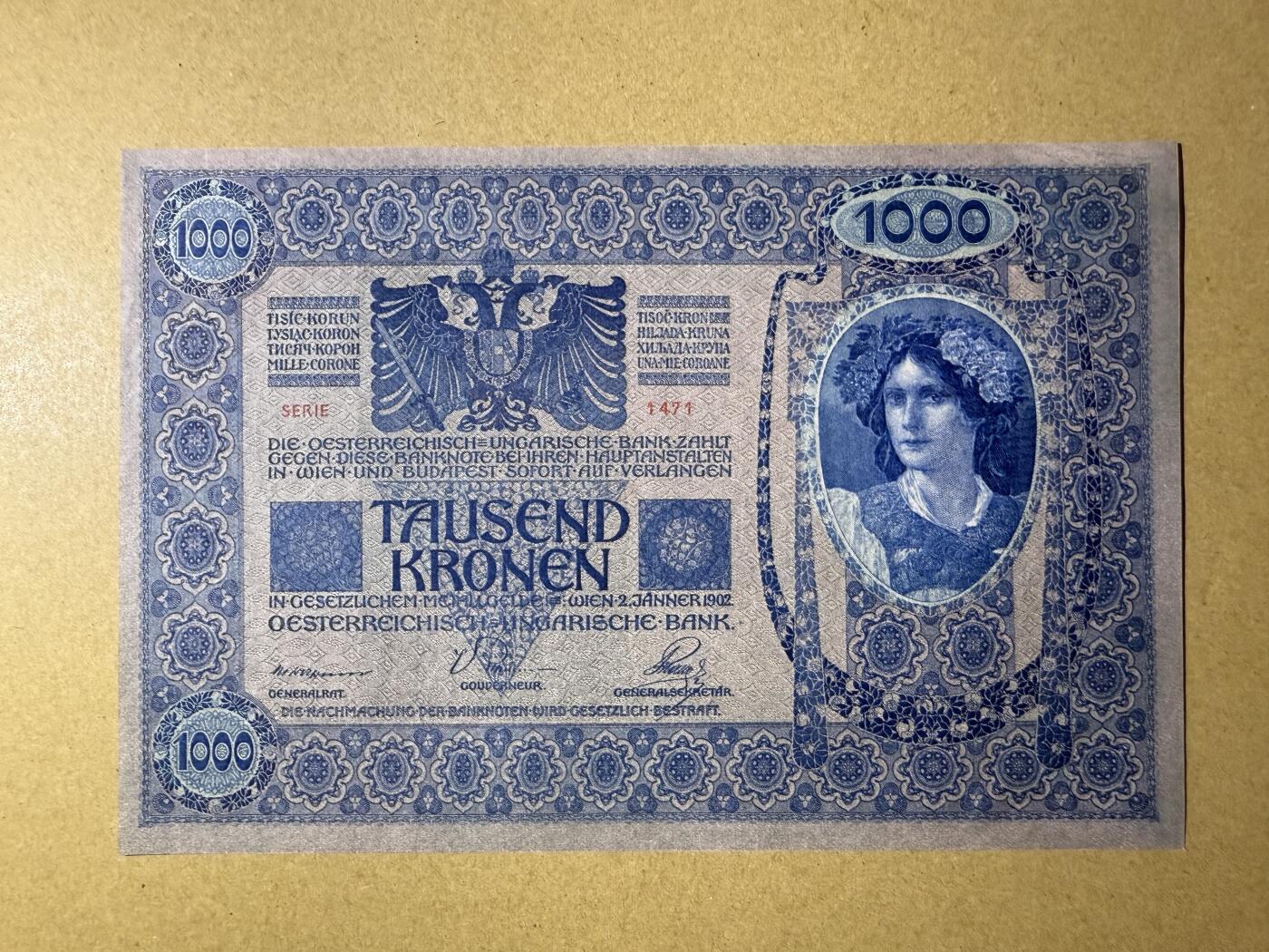 《艾美收藏》第222期-11.30周日外币畅拍 奥匈帝国1000克朗 UNC 1919年 百年历史大票幅 茜茜公主