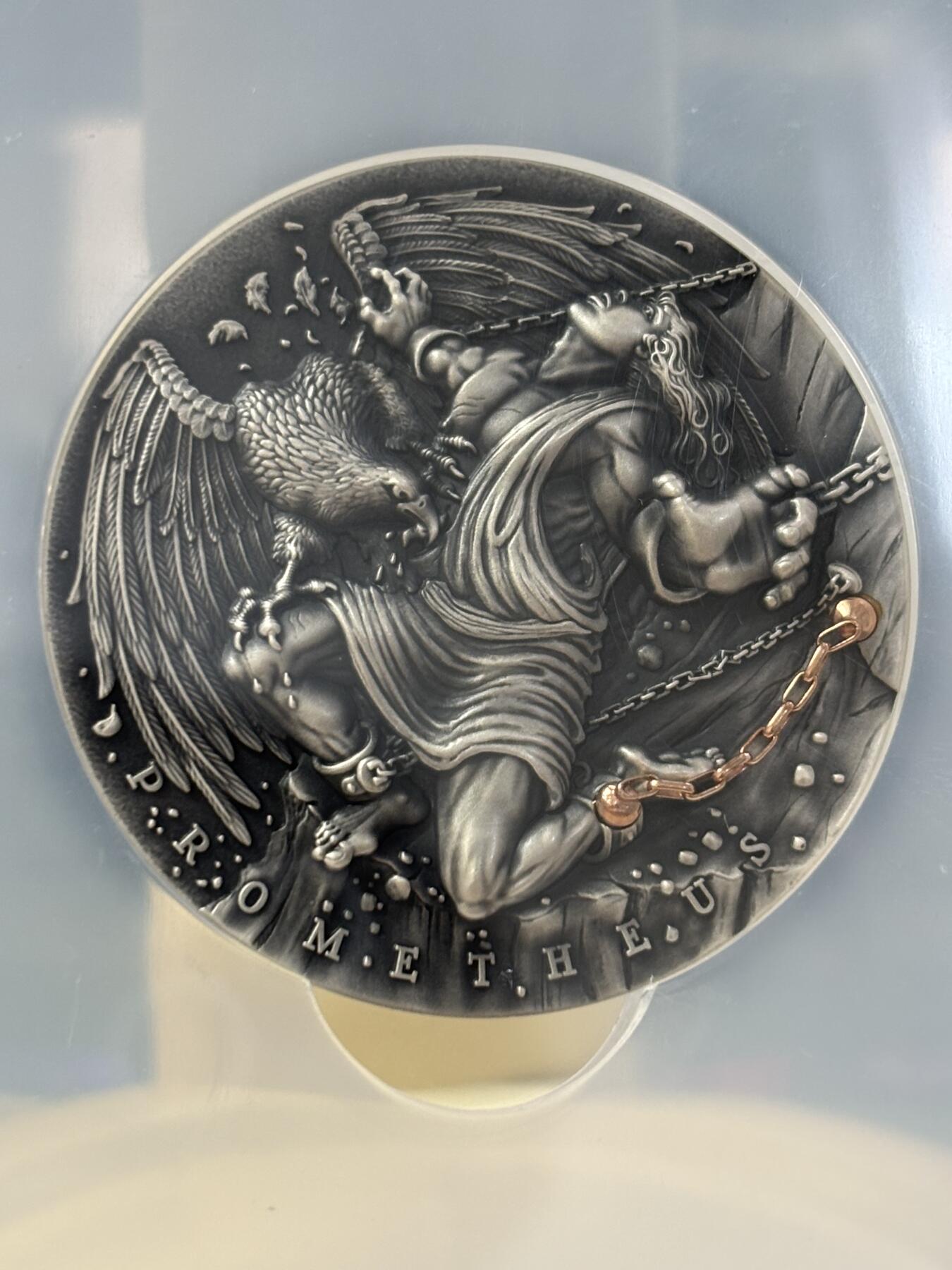 第183期拍卖 纽埃2019希腊神话系列普罗米修斯2盎司镀金银币NGC-MS70首无盒无证书，999银，发行500枚