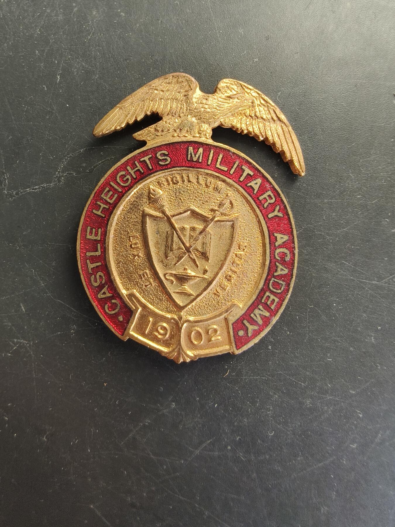 老王徽章第166期 美国卡塞尔高地军事学院大檐帽帽徽    背杆损坏