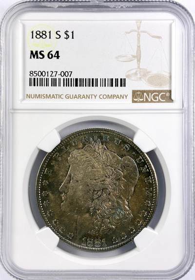 【雨安】【直播拍卖】【世界币章117期-评级币】2025-11-29 周六 19:30 保真 - [评级美洲] USA 美国 1美元 (1878-1921) 摩根 1881年S  NGC-MS64 幻五彩包浆