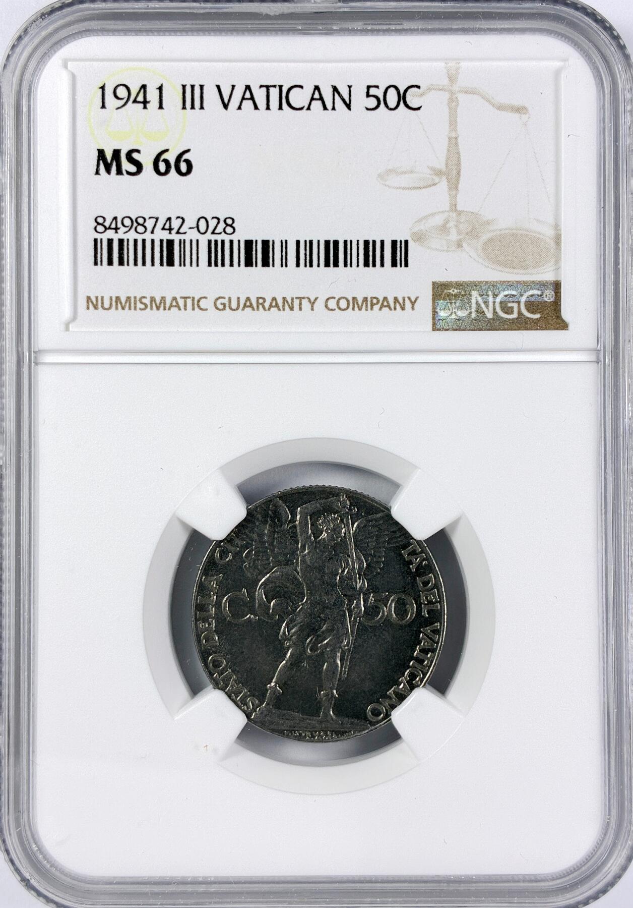 【雨安】【直播拍卖】【世界币章117期-评级币】2025-11-29 周六 19:30 保真 [评级欧洲] Vatican 梵蒂冈 50分 1941年  NGC-MS66