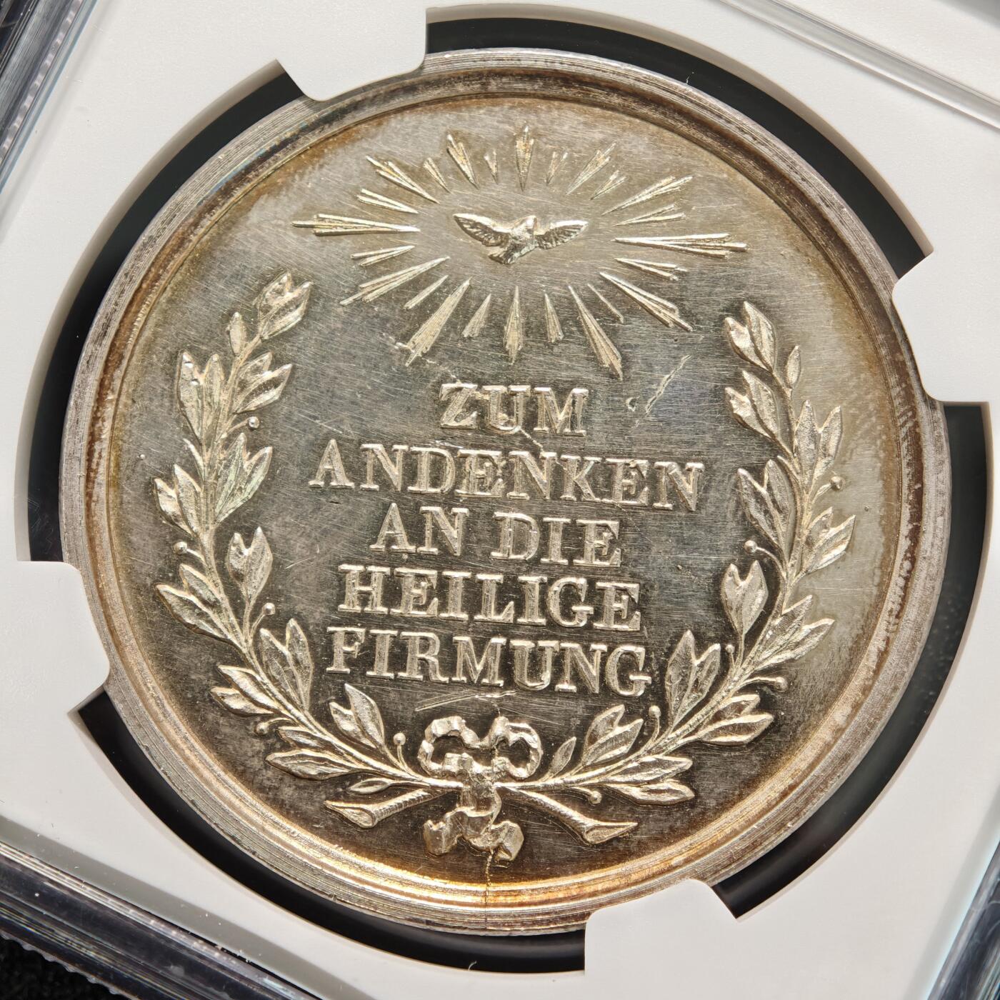 【德藏】世界币章拍卖第155期（拍品征集中~欢迎藏友联系） 19世纪 德国宗教洗礼纪念银章 NGC MS61 深彩包浆 细节细腻