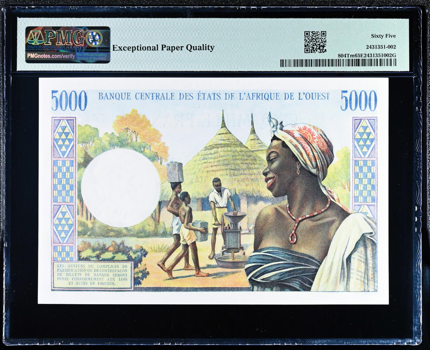 【Blue Auction】世界纸币精拍第756期——18级TOP拍卖/信誉/品质/专业/高效💫 法属西非 多哥版 1961年5000法郎 大奶妈 法属风 设计精美 PMG65EPQ 