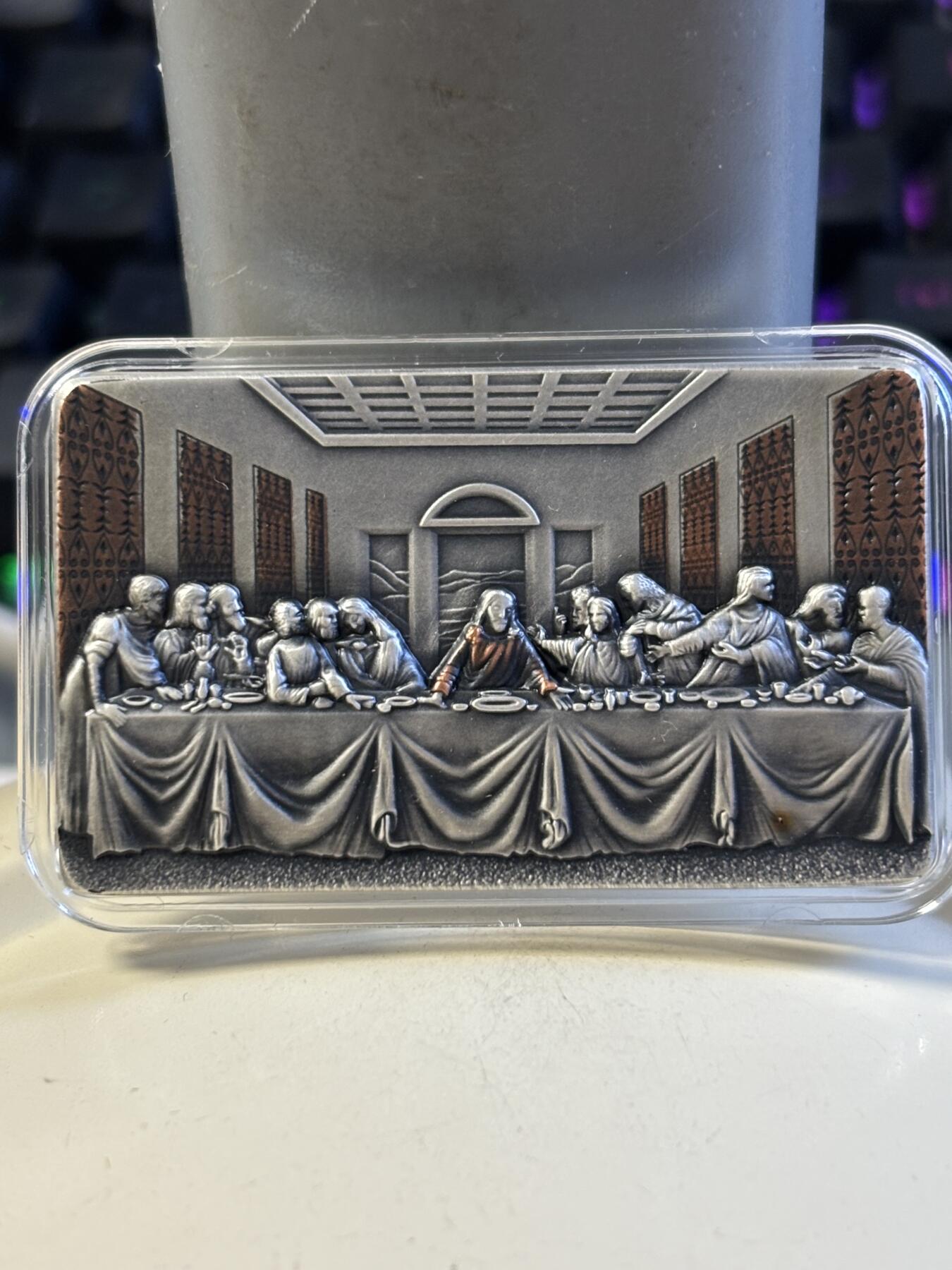 第183期拍卖 喀麦隆2019年最后的晚餐高浮雕2盎司矩形纪念银币，2盎司，发行999枚，有一个点有氧化