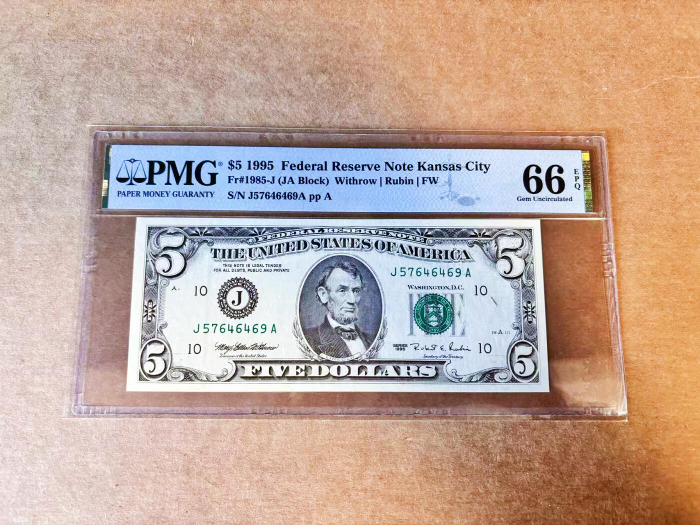 【Blue Auction】世界纸币精拍第756期——18级TOP拍卖/信誉/品质/专业/高效💫 美国 1995年5美金PMG66EPQ  