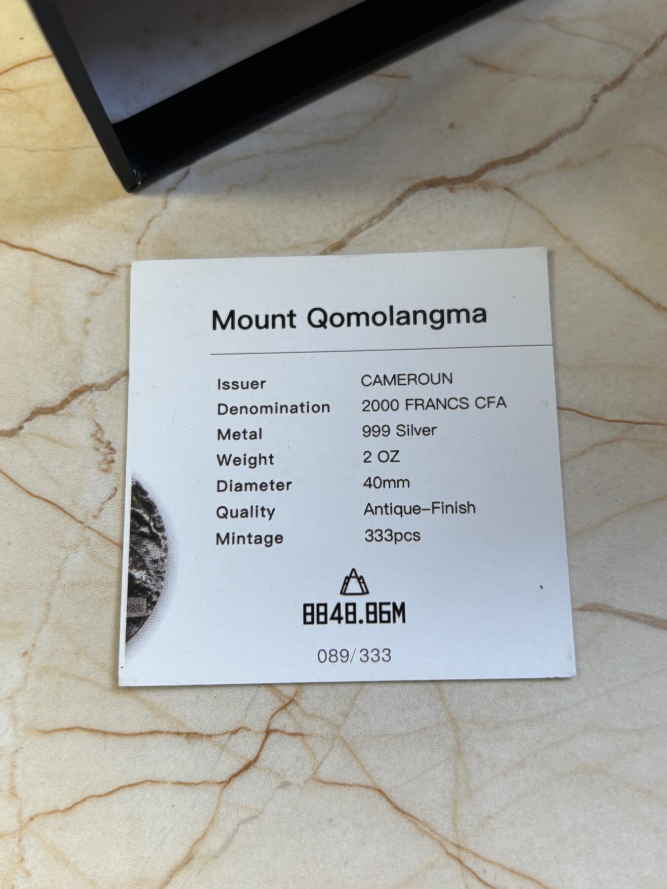 第183期拍卖 喀麦隆2021年世界高峰系列1珠峰2盎司超高浮雕银币NGC-MS70首原盒证书，2盎司，999银，发行333枚