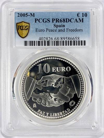 【雨安】【直播拍卖】【世界币章117期-评级币】2025-11-29 周六 19:30 保真 - [评级欧元] Spain 欧元 西班牙 10欧元 2005年 欧洲和平与自由 PCGS-PR68DCAM