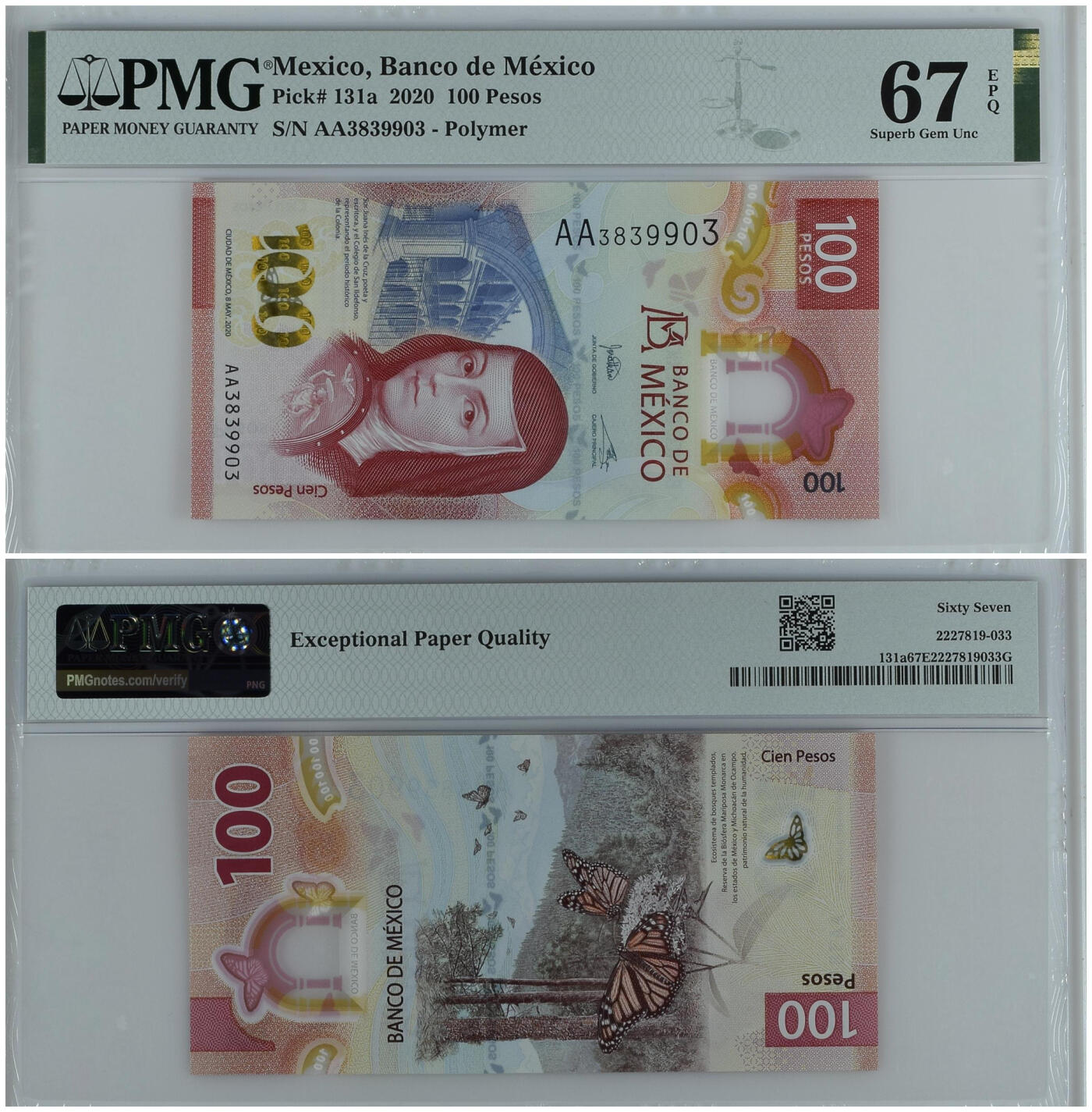 《艾美收藏》第222期-11.30周日外币畅拍 (5张全部签名大全套)墨西哥2020年首发AA冠100比索PMG67E 获奖钞 凑齐不易 一步到位