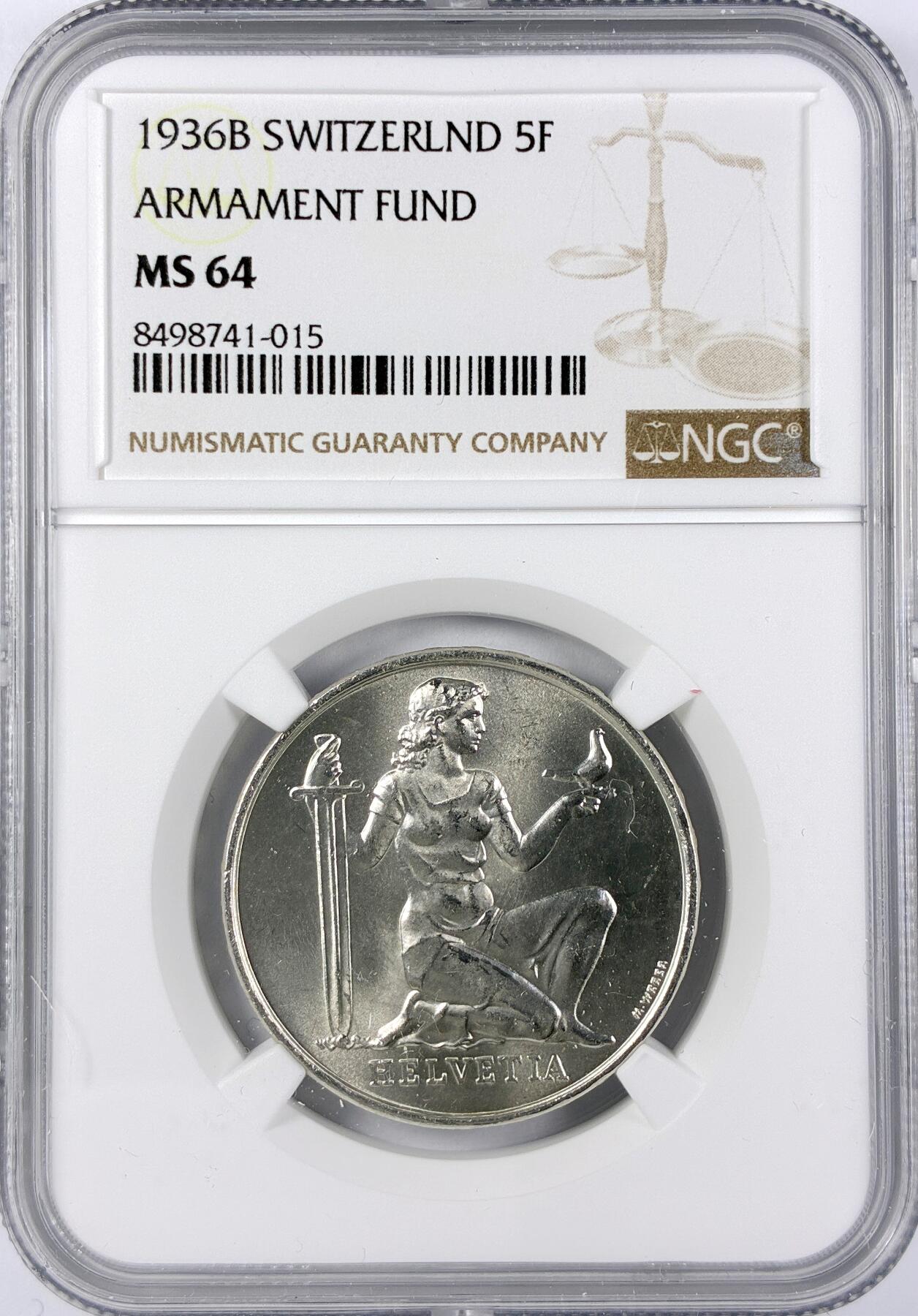 【雨安】【直播拍卖】【世界币章117期-评级币】2025-11-29 周六 19:30 保真 [评级欧洲] Switzerland 瑞士 5法郎 1936年 军备基金 KM# 41  NGC-MS64