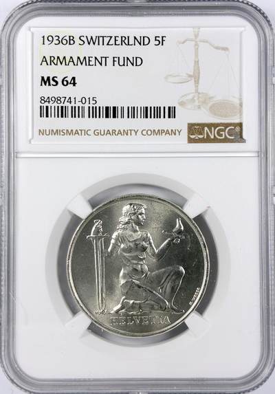 【雨安】【直播拍卖】【世界币章117期-评级币】2025-11-29 周六 19:30 保真 - [评级欧洲] Switzerland 瑞士 5法郎 1936年 军备基金 KM# 41  NGC-MS64