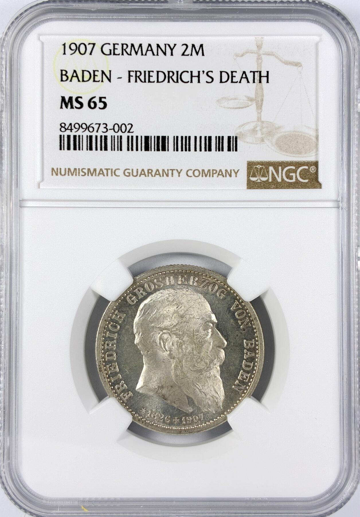 【雨安】【直播拍卖】【世界币章117期-评级币】2025-11-29 周六 19:30 保真 [评级德国] Germany 德国 帝国 巴登 2马克 弗里德里希逝世 1907年  NGC-MS65