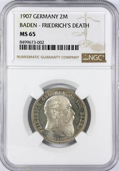【雨安】【直播拍卖】【世界币章117期-评级币】2025-11-29 周六 19:30 保真 - [评级德国] Germany 德国 帝国 巴登 2马克 弗里德里希逝世 1907年  NGC-MS65