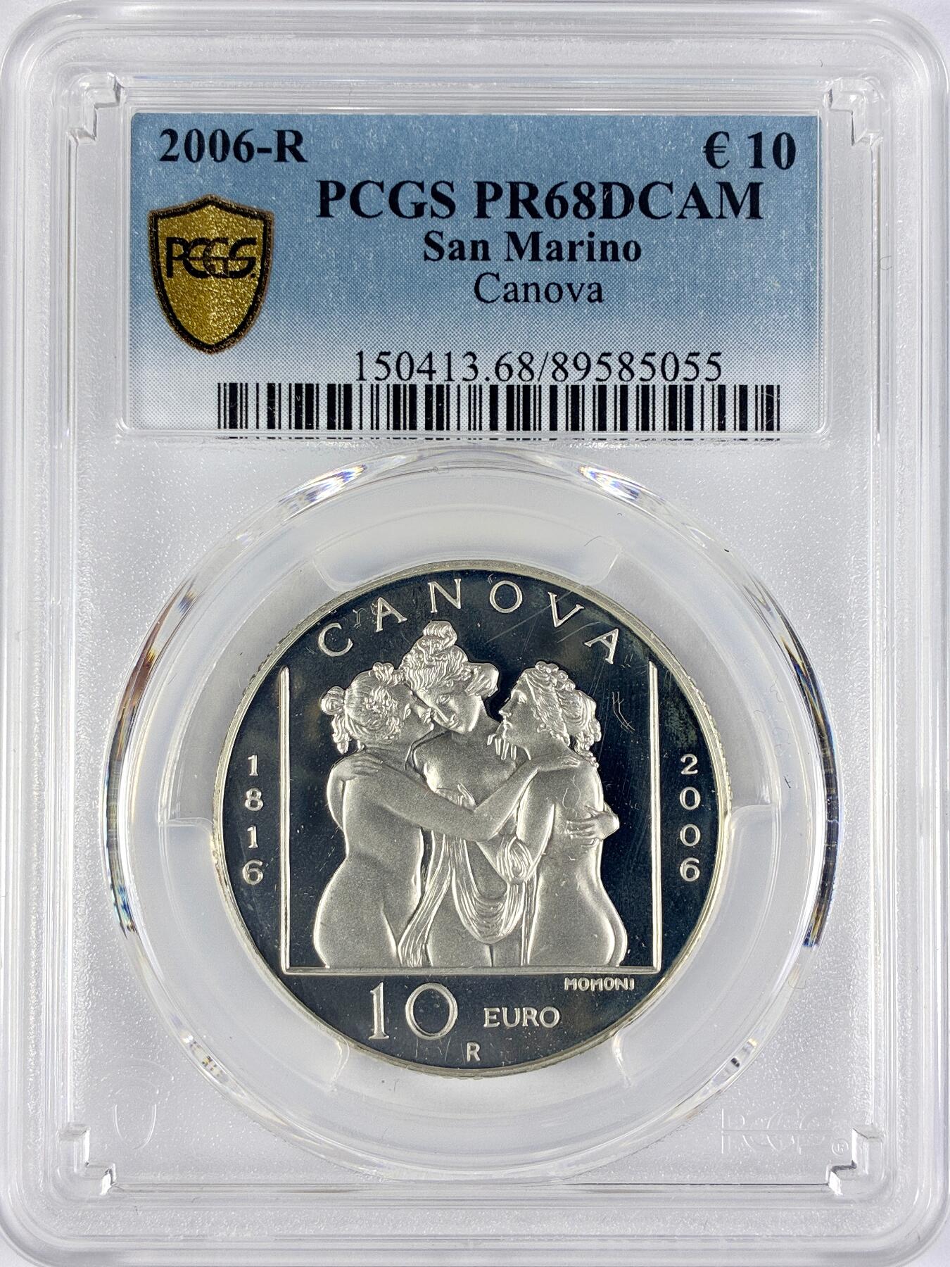 【雨安】【直播拍卖】【世界币章117期-评级币】2025-11-29 周六 19:30 保真 [评级欧元] San Marino 欧元 圣马力诺 10欧元 2006年 卡诺瓦 PCGS-PR68DCAM