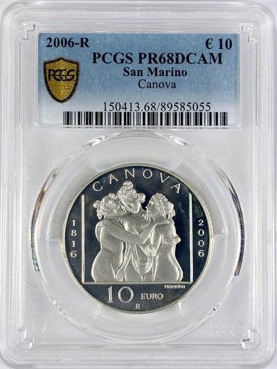 【雨安】【直播拍卖】【世界币章117期-评级币】2025-11-29 周六 19:30 保真 - [评级欧元] San Marino 欧元 圣马力诺 10欧元 2006年 卡诺瓦 PCGS-PR68DCAM