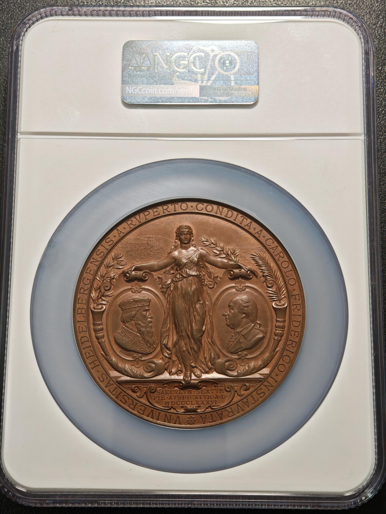 【德藏】世界币章拍卖第155期（拍品征集中~欢迎藏友联系） 1886年 德国海德堡大学成立500周年75mm纪念大铜章 NGC MS64BN 亚军分 仅枚更高 超大尺寸 浮雕极其优美 细节刻画极其细致