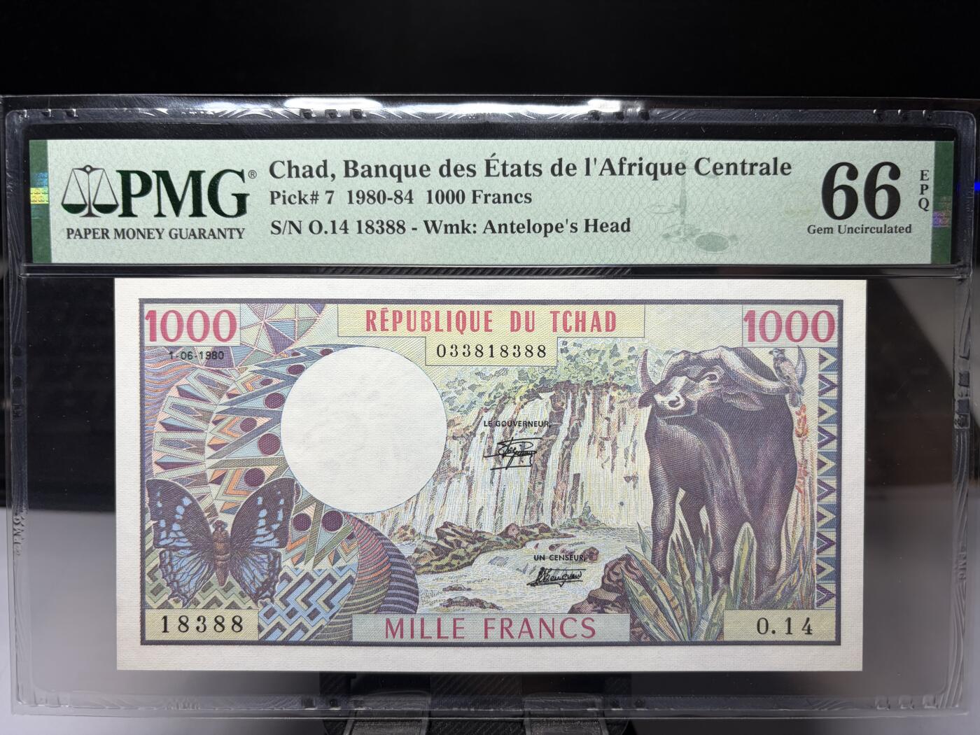 2025年集古藏今外币拍卖第十期-第10场—（总第290拍-纸币专场），本期拍完结算一次，发货时间2-3天，休息几天后继续新的一期拍卖。 PMG66E1980-1985年版乍得1000法郎