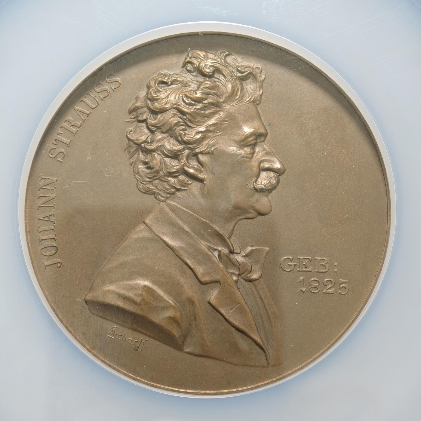 【德藏】世界币章拍卖第155期（拍品征集中~欢迎藏友联系） 1825年 奥地利维也纳歌剧和华尔兹作曲家约翰·施特劳斯诞辰50周年60mm纪念大铜章 NGC MS65BN 细节极其丰富 人物传神