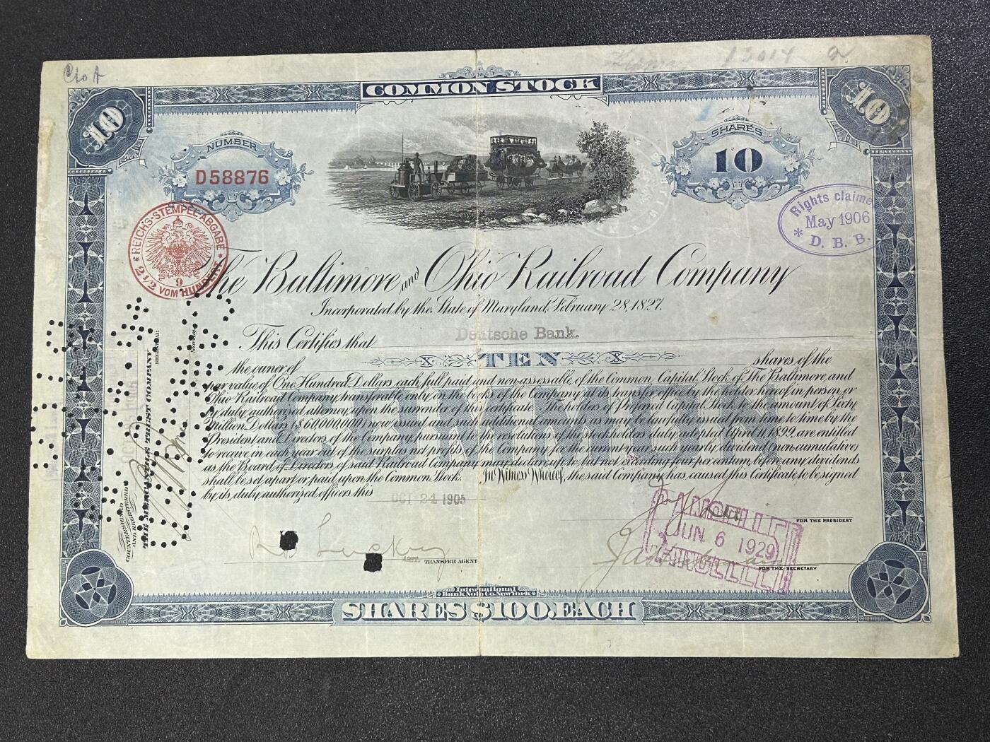 西秦中古拍卖第六十七期 美国1906年铁路公司股票 稀少德意志银行持股人 盖有帝国税戳 非常少见