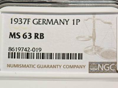 【德藏】世界币章拍卖第155期（拍品征集中~欢迎藏友联系） - 1937年 F厂 德国1芬尼铜币 NGC MS63RB（原图请查询NGC评级公司官网）