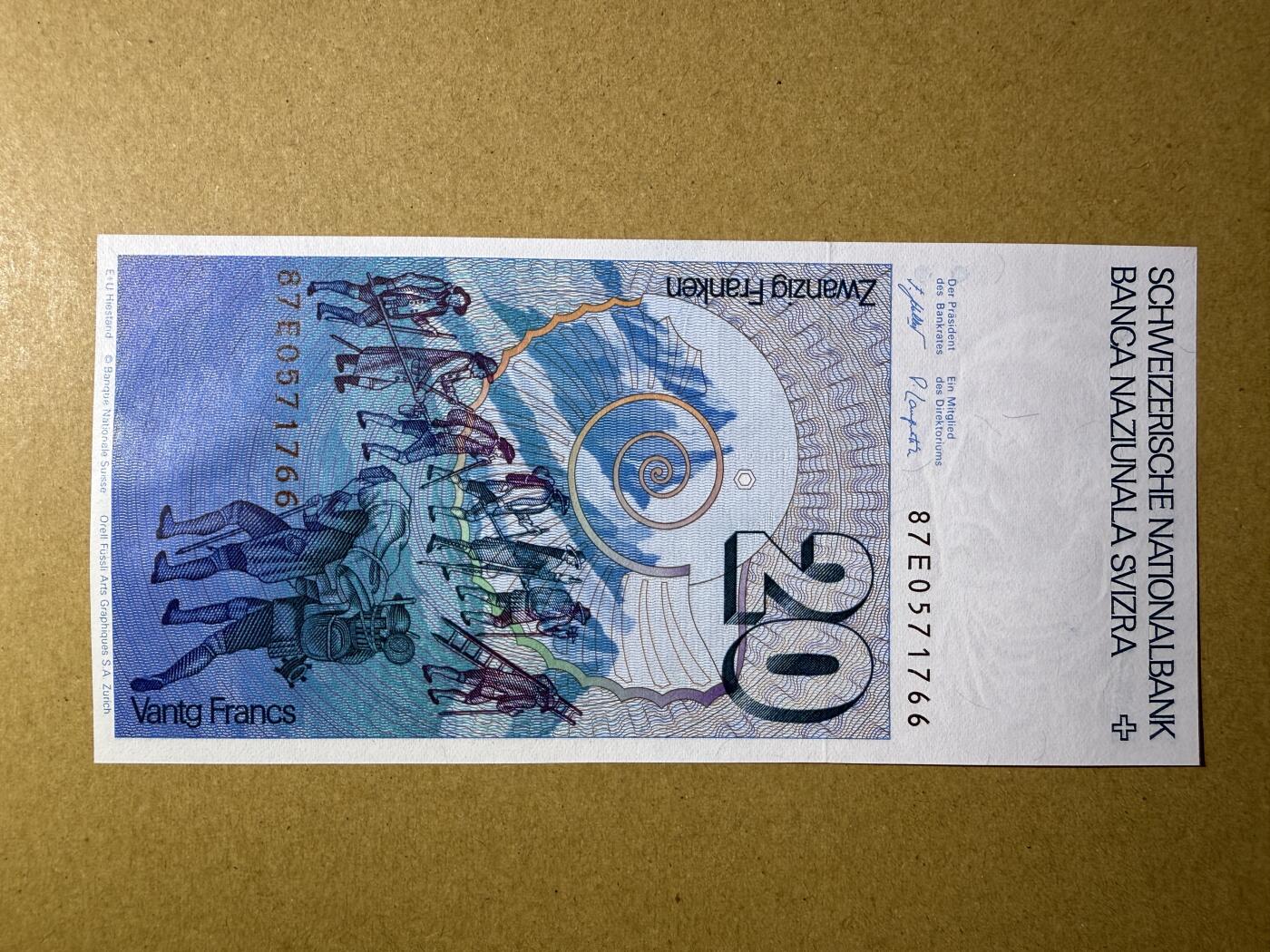 《艾美收藏》第222期-11.30周日外币畅拍 瑞士20法郎 UNC 1987年 瑞士地质学家索斯尔 无4双尾