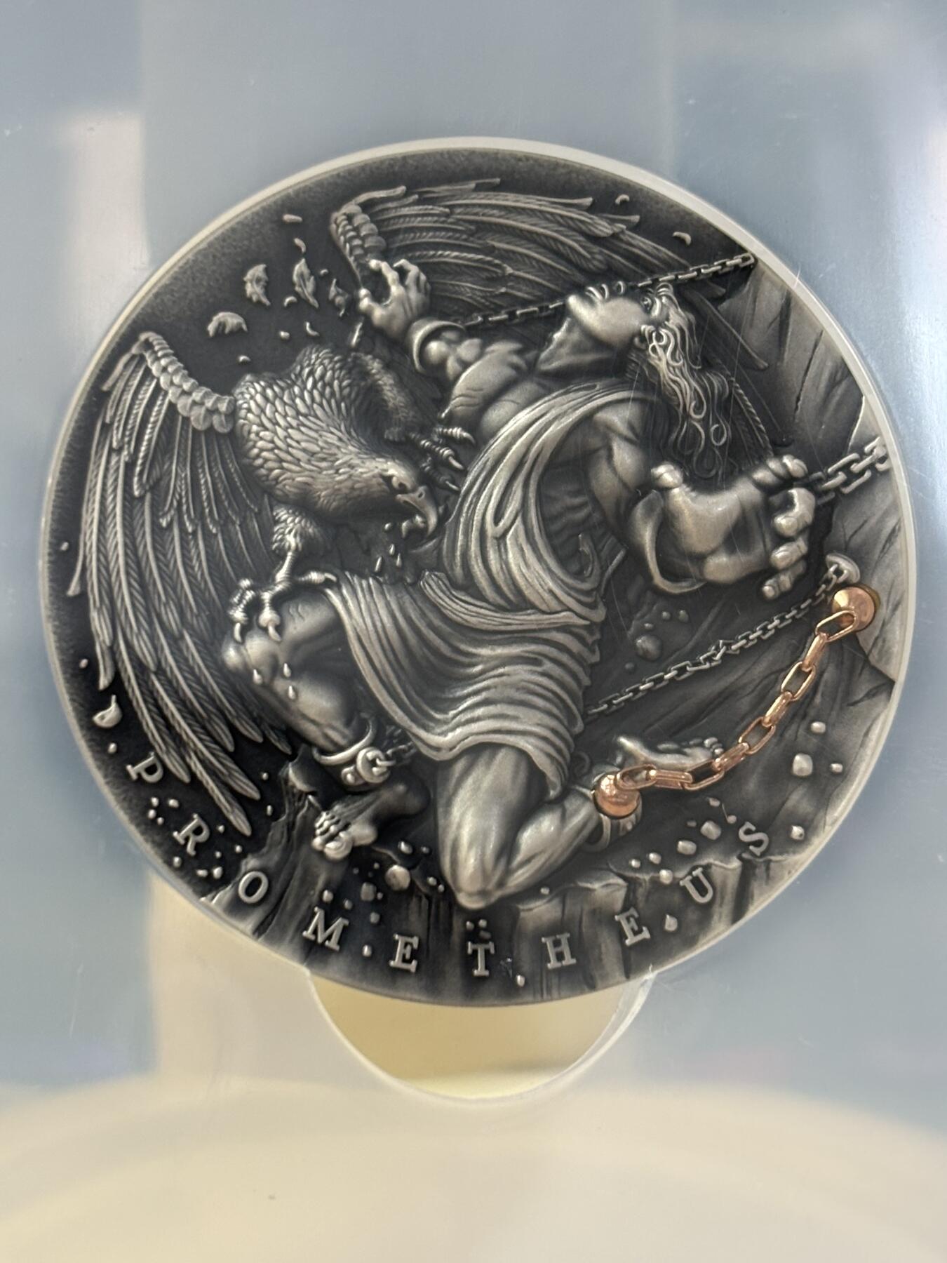 第183期拍卖 纽埃2019希腊神话系列普罗米修斯2盎司镀金银币NGC-MS70首无盒无证书，999银，发行500枚