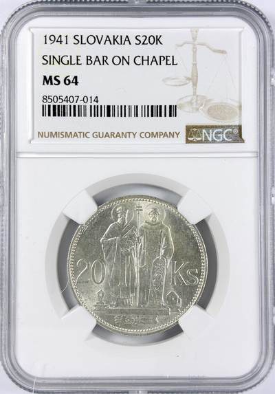 【雨安】【直播拍卖】【世界币章117期-评级币】2025-11-29 周六 19:30 保真 - [评级欧洲] Slovakia 斯洛伐克 20克朗 1941年  NGC-MS64