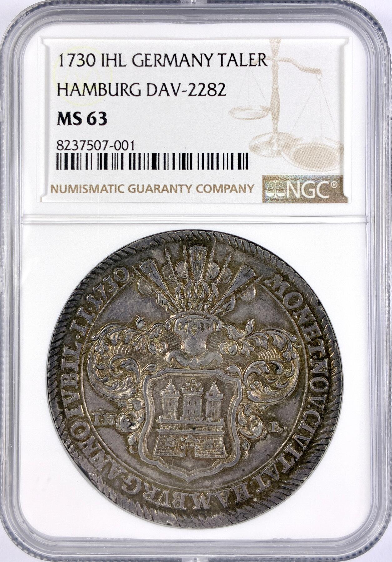 【雨安】【直播拍卖】【世界币章117期-评级币】2025-11-29 周六 19:30 保真 [评级德国] Germany 德国 德意志 1泰勒 Hamburg汉堡 KM#0379 DAV-2282 (1730) 奥斯堡信条 1730年  NGC-MS63