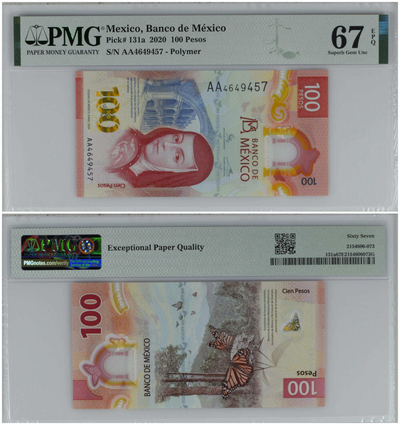 《艾美收藏》第222期-11.30周日外币畅拍 (5张全部签名大全套)墨西哥2020年首发AA冠100比索PMG67E 获奖钞 凑齐不易 一步到位