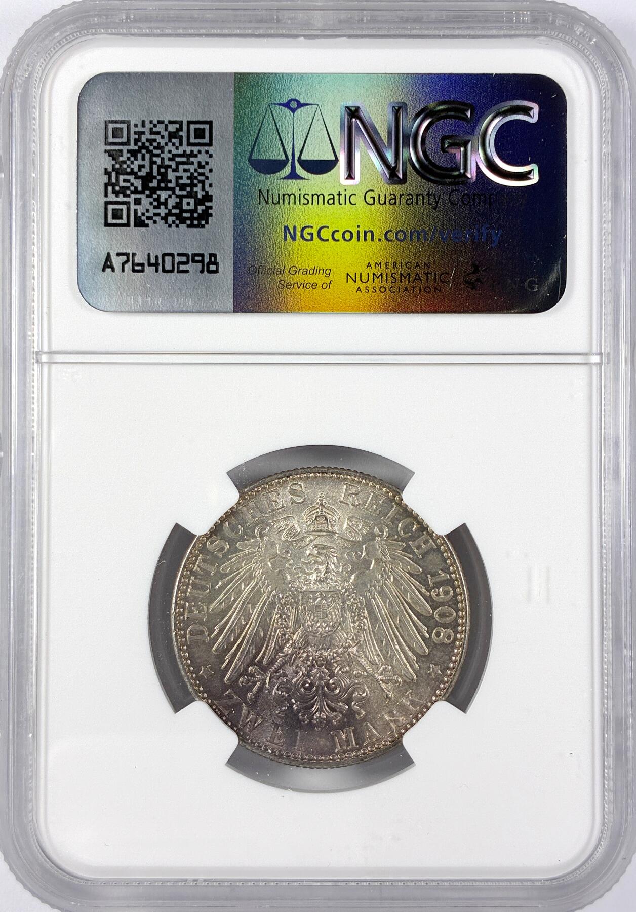 【雨安】【直播拍卖】【世界币章117期-评级币】2025-11-29 周六 19:30 保真 [评级德国] Germany 德国 帝国 萨克森 2马克 奥古斯特三世 1908年  NGC-MS64