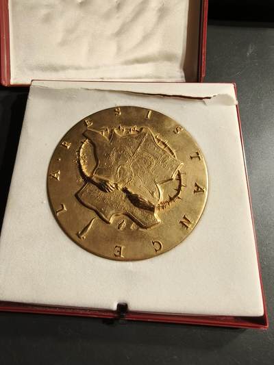 老王徽章第166期 - 法国二战抵抗运动自由法国全国委员会镀金大铜章    原盒，盒子有损     少见超大尺寸     直径90mm.    重量742.8g