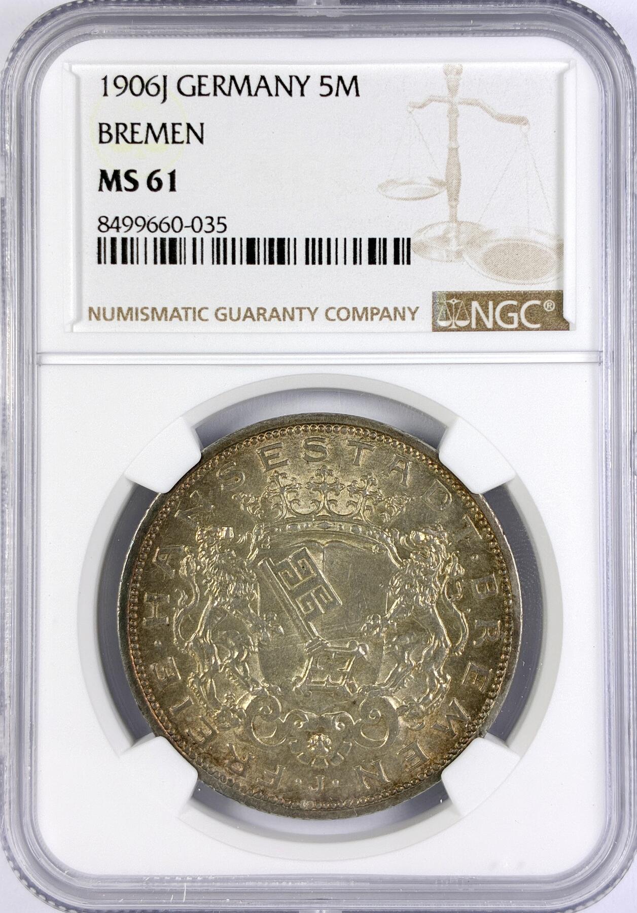 【雨安】【直播拍卖】【世界币章117期-评级币】2025-11-29 周六 19:30 保真 [评级德国] Germany 德国 帝国 J.060 不莱梅 5马克 1906年  NGC-MS61 名誉品种