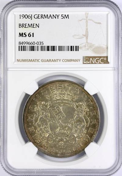 【雨安】【直播拍卖】【世界币章117期-评级币】2025-11-29 周六 19:30 保真 - [评级德国] Germany 德国 帝国 J.060 不莱梅 5马克 1906年  NGC-MS61 名誉品种