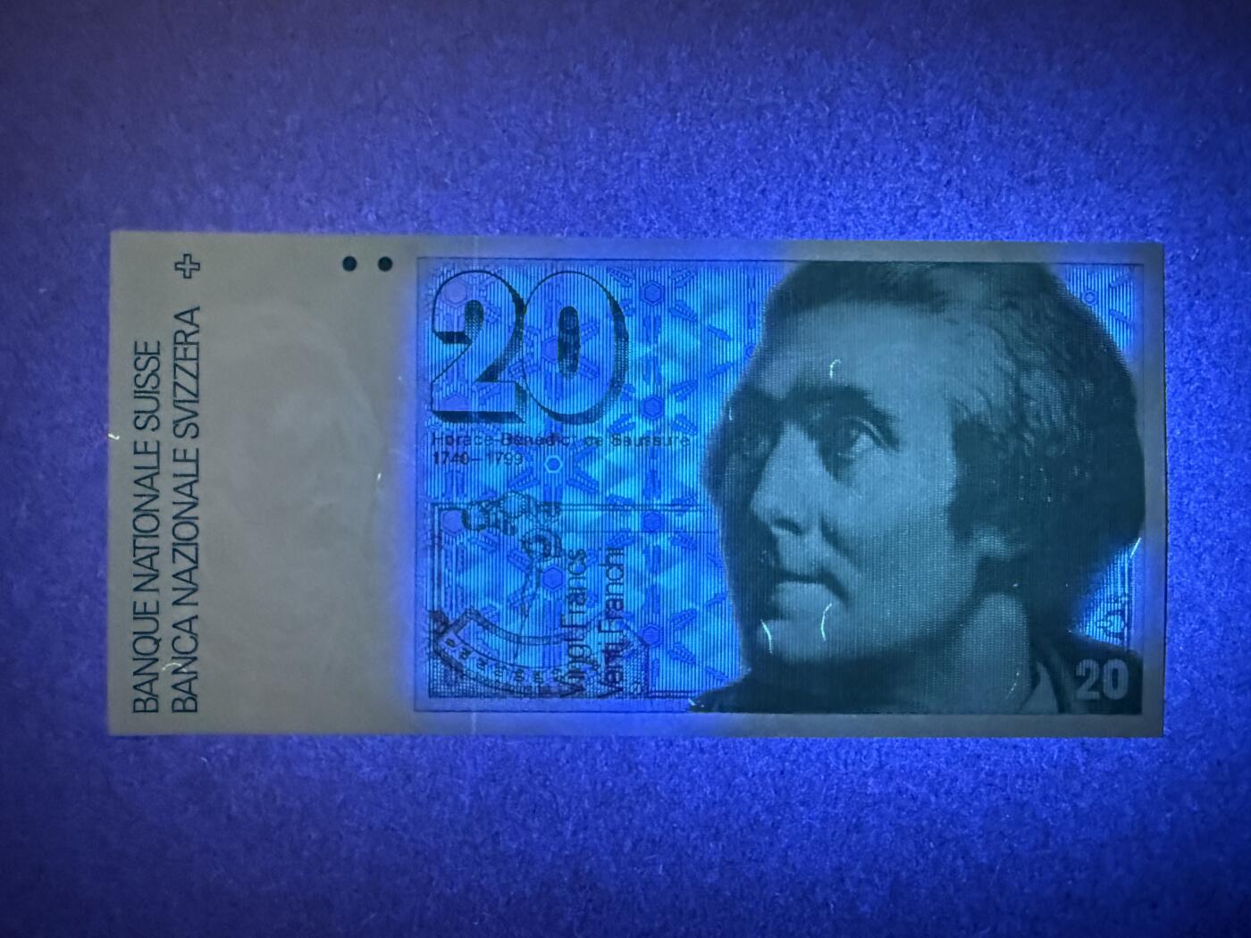 《艾美收藏》第222期-11.30周日外币畅拍 瑞士20法郎 UNC 1987年 瑞士地质学家索斯尔 无4双尾