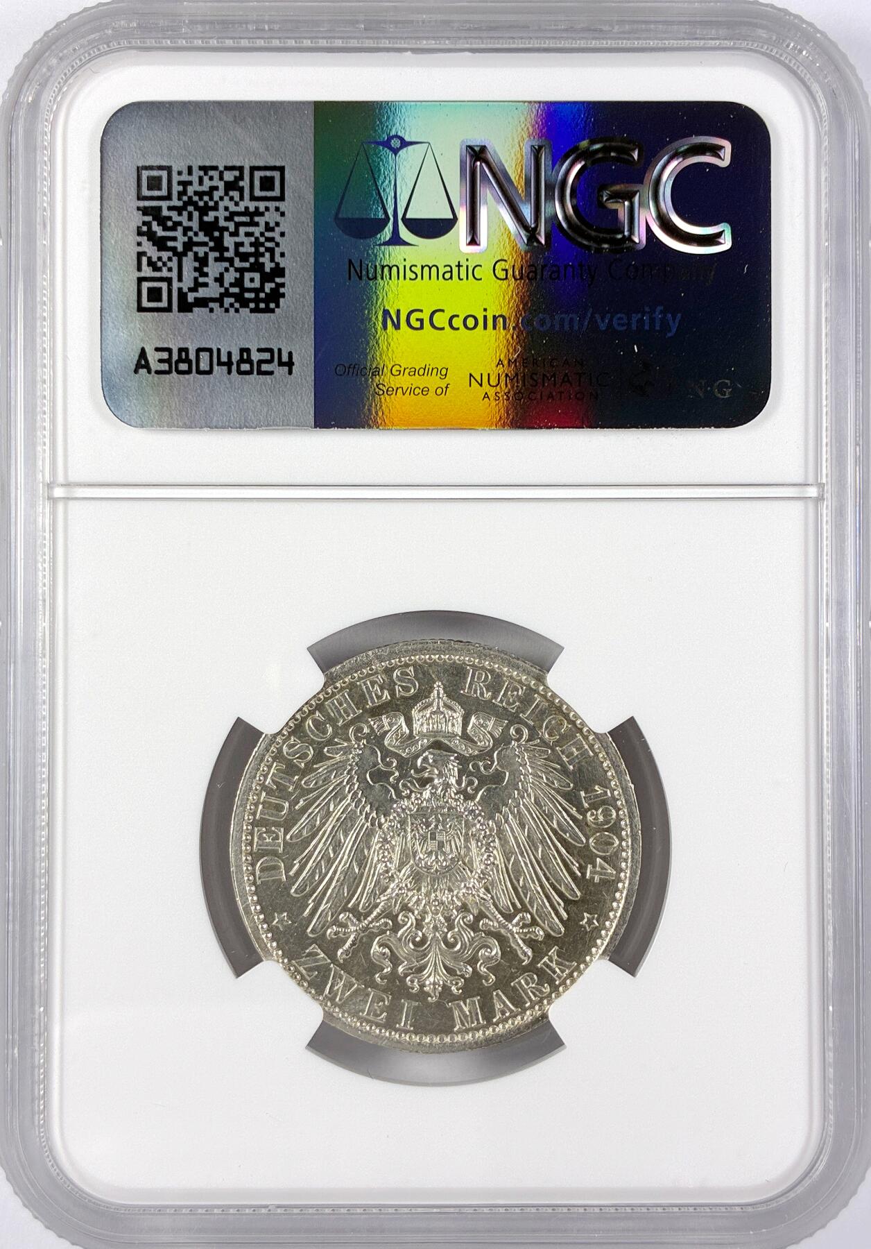 【雨安】【直播拍卖】【世界币章117期-评级币】2025-11-29 周六 19:30 保真 [评级德国] Germany 德国 帝国 黑森 2马克 (1904) 腓力一世400周年 1904年  NGC-UNC