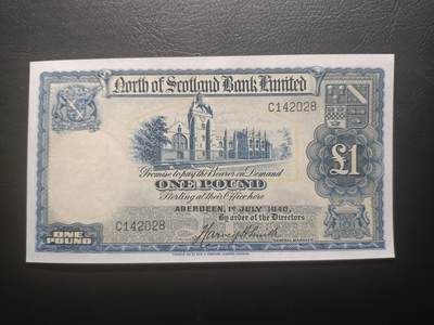 2025十一月第七期，总205期 - 苏格兰北方银行1940年1镑AUNC，阿伯丁大教堂和银行徽章，此银行被克莱斯戴勒银行收购，稀有品种