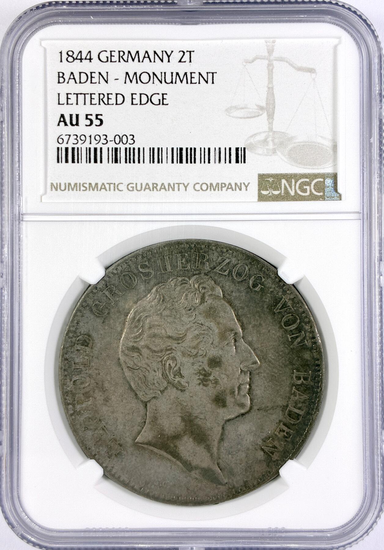 【雨安】【直播拍卖】【世界币章117期-评级币】2025-11-29 周六 19:30 保真 [评级德国] Germany 德国 德意志 2泰勒 Baden巴登 Thun.025 KM#0217.1 1844年 卡尔·弗里德里希纪念碑  NGC-AU55