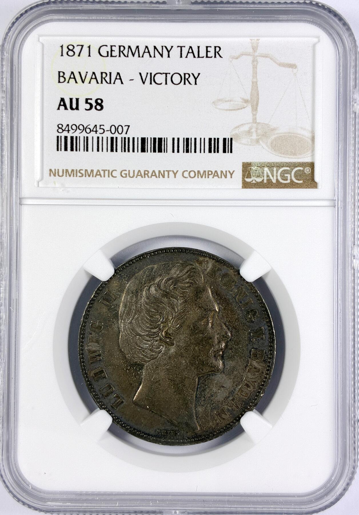 【雨安】【直播拍卖】【世界币章117期-评级币】2025-11-29 周六 19:30 保真 [评级德国] Germany 德国 德意志 1泰勒 Bavaria巴伐利亚 Thun.107 KM#0889 (1871) 普法战争 1871年  NGC-AU58 原味老包浆 严评