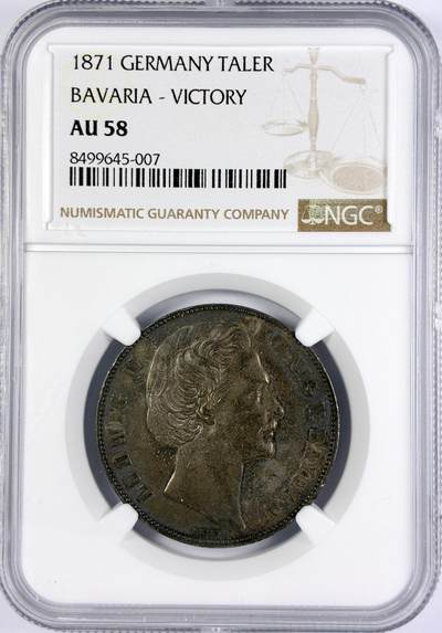【雨安】【直播拍卖】【世界币章117期-评级币】2025-11-29 周六 19:30 保真 - [评级德国] Germany 德国 德意志 1泰勒 Bavaria巴伐利亚 Thun.107 KM#0889 (1871) 普法战争 1871年  NGC-AU58 原味老包浆 严评