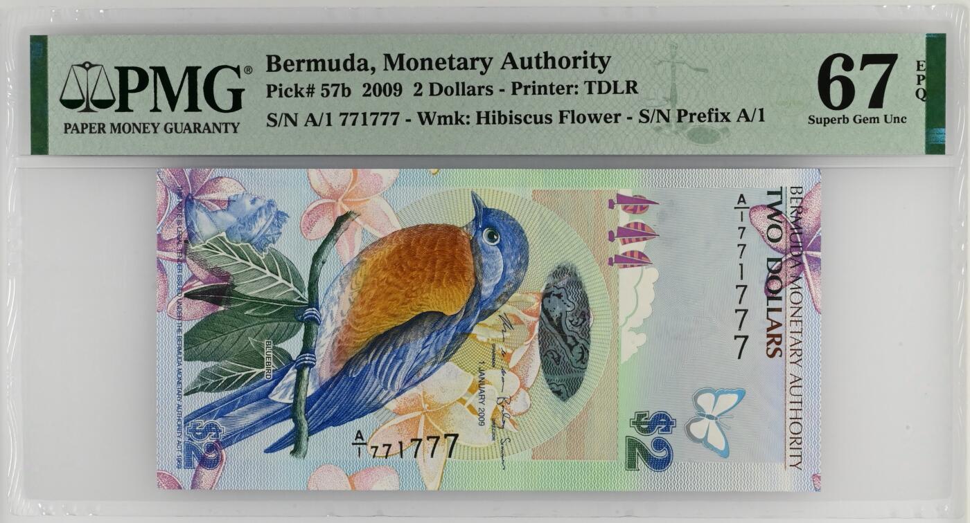 《艾美收藏》第222期-11.30周日外币畅拍 百慕大2009年A1冠2元PMG67E高分少见数二豹子号771777 IBNS获奖钞 蓝鸟
