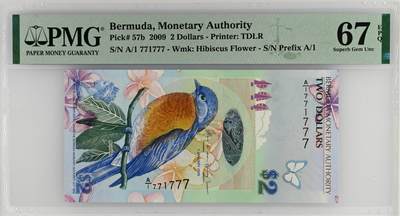 《艾美收藏》第222期-11.30周日外币畅拍 - 百慕大2009年A1冠2元PMG67E高分少见数二豹子号771777 IBNS获奖钞 蓝鸟