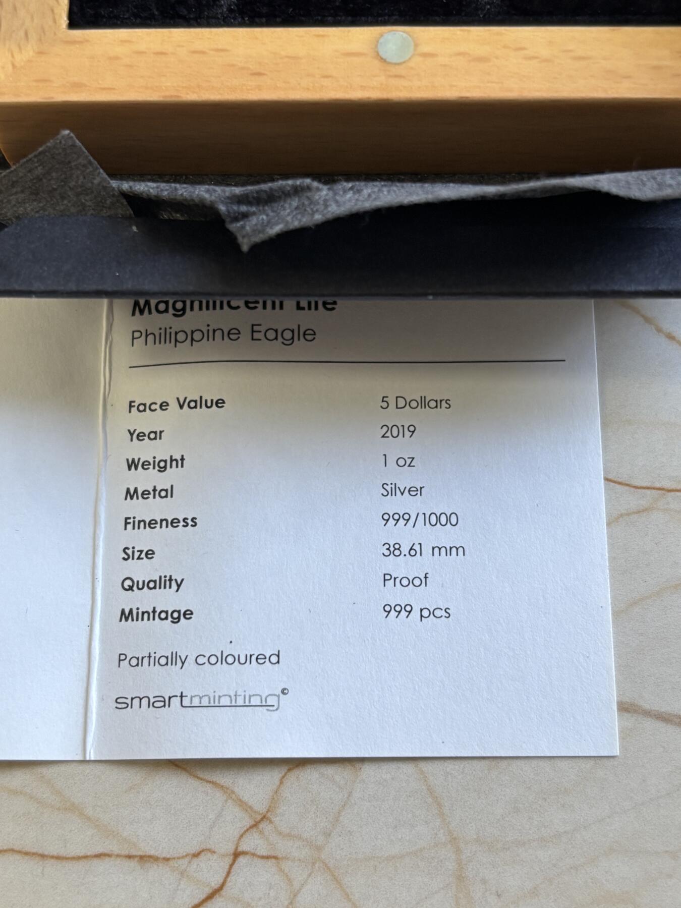 第183期拍卖 库克2019年壮丽生命曲系列5菲律宾鹰高浮雕彩色纪念银币，1盎司，发行999枚，999银