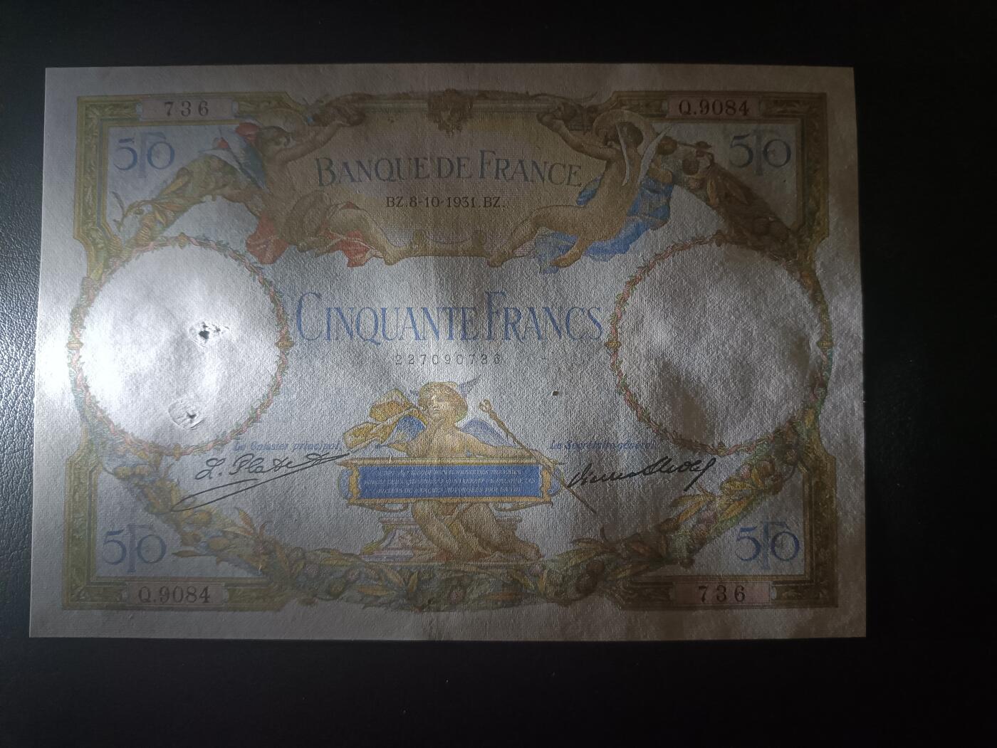 2025十一月第七期，总205期 法国1931年50法郎AUNC有大针孔，小天使和农妇与工匠，少见早期品种